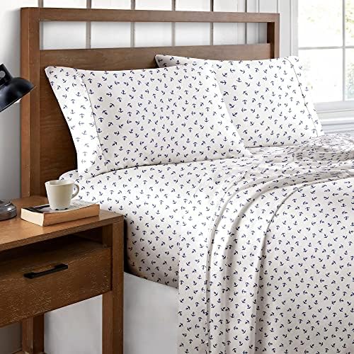 Brielle Home Printed 100% Cotton Percale Sheet Set, Anchors Navy, King