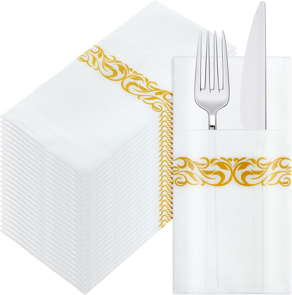 100 Pack White and Gold Napkins Disposable Linen Feel Dinner Napkins with Built-in Flatware Pocket Gold Trim Lined Pre Folded Napkins Cloth for Wedding Dinner Party Events
