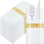 100 Pack White and Gold Napkins Disposable Linen Feel Dinner Napkins with Built-in Flatware Pocket Gold Trim Lined Pre Folded Napkins Cloth for Wedding Dinner Party Events