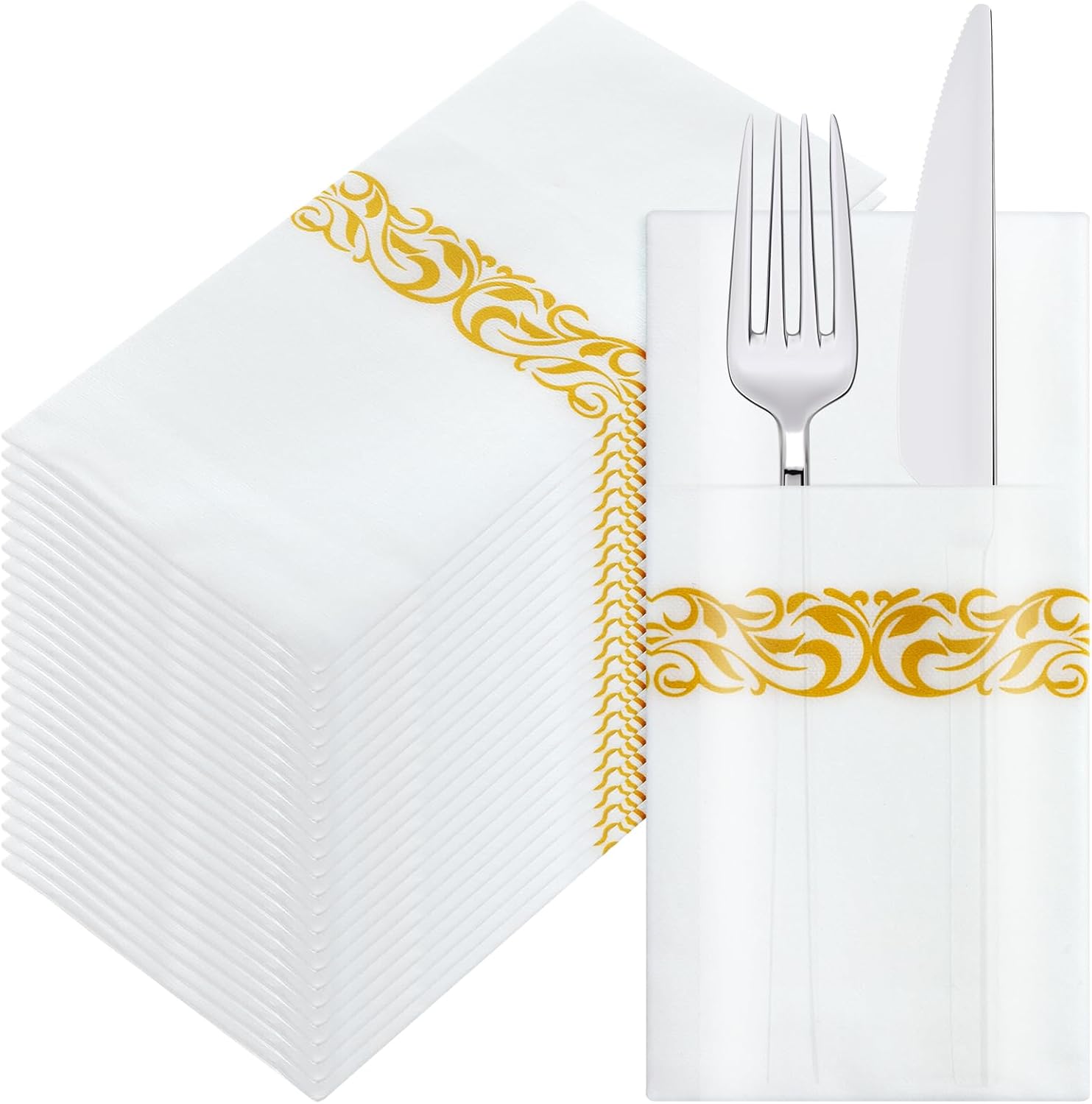 100 Pack White and Gold Napkins Disposable Linen Feel Dinner Napkins with Built-in Flatware Pocket Gold Trim Lined Pre Folded Napkins Cloth for Wedding Dinner Party Events