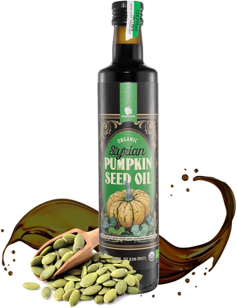 Gourmanity Organic Cold Pressed Styrian Pumpkin Seed Oil, Traditionally Made in Austria, 100% Pure Healthy and Delicious Oil, Non-GMO, Vegan and Keto Friendly, Perfect Drizzled Over Salads, 16.9 oz