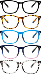 SIGVAN 5 Pack Blue Light Blocking Reading Glasses Fashion Square Computer Readers for Women Men, Anti UV Ray Nerd Eyeglasses (5 Mix-3, 2.0)