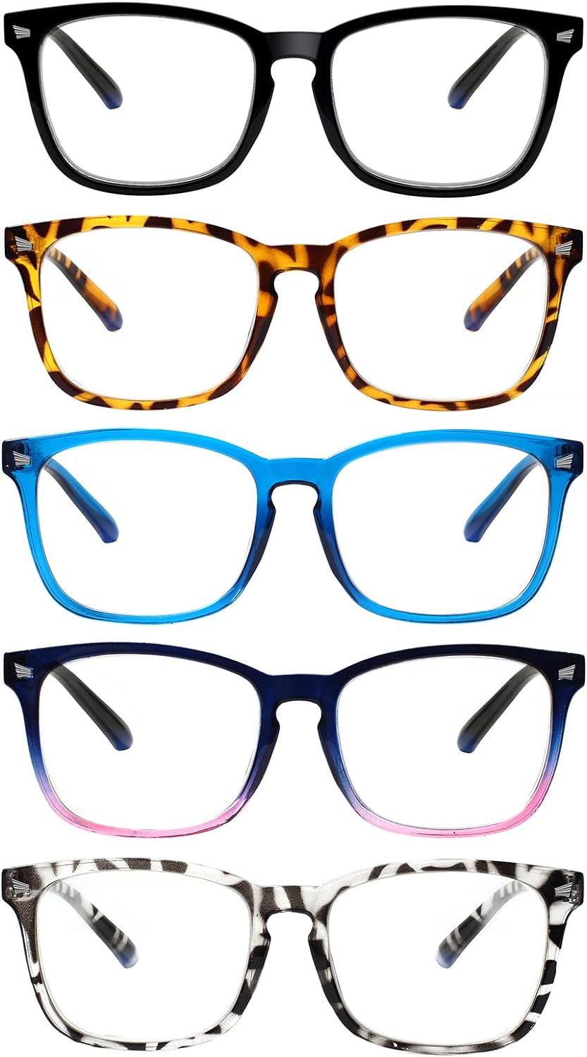 SIGVAN 5 Pack Blue Light Blocking Reading Glasses Fashion Square Computer Readers for Women Men, Anti UV Ray Nerd Eyeglasses (5 Mix-3, 2.0)