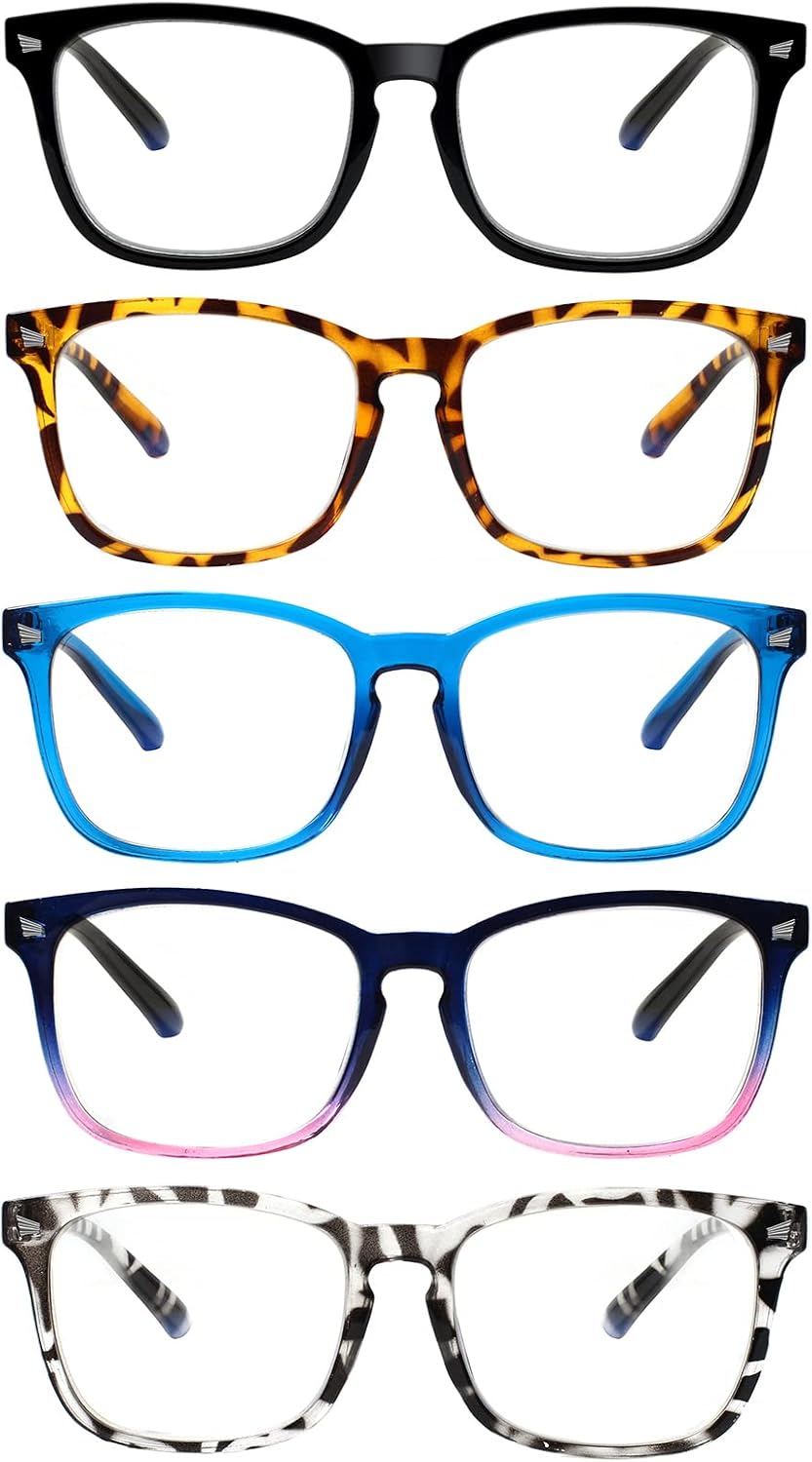 SIGVAN 5 Pack Blue Light Blocking Reading Glasses Fashion Square Computer Readers for Women Men, Anti UV Ray Nerd Eyeglasses (5 Mix-3, 1.5)