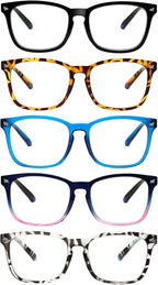 SIGVAN 5 Pack Blue Light Blocking Reading Glasses Fashion Square Computer Readers for Women Men, Anti UV Ray Nerd Eyeglasses (5 Mix-3, 1.5)