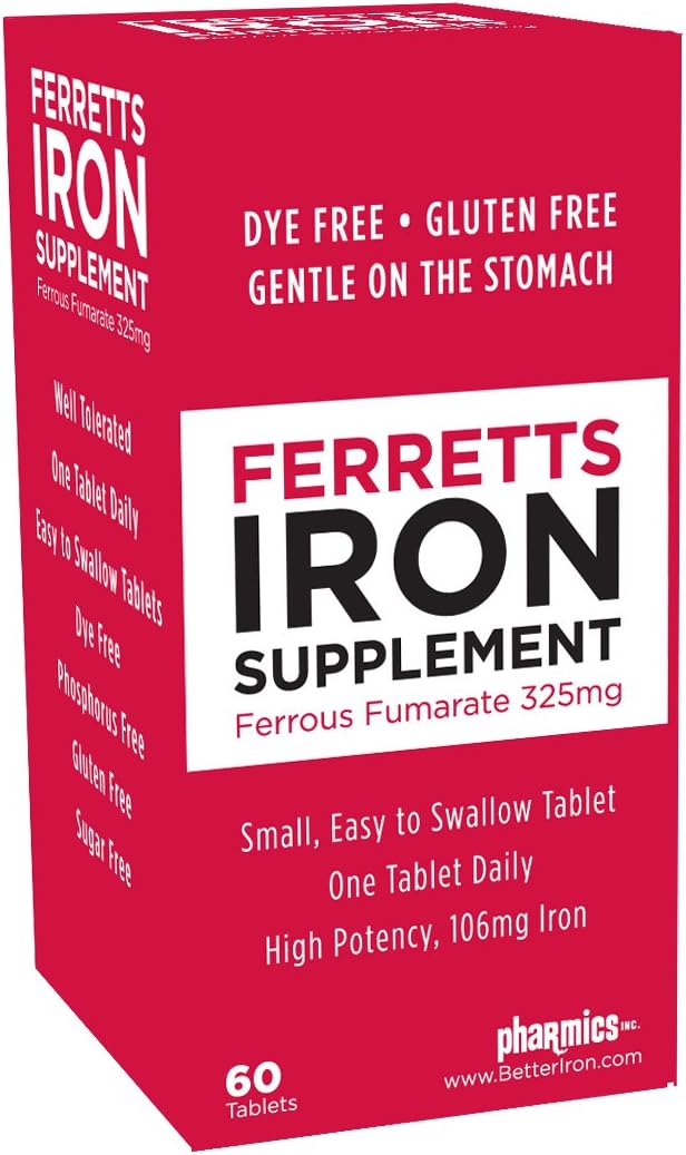 Iron Tablets 106mg (325mg Ferrous Fumarate) - 60 Day Supply of High Potency Iron Supplements for Women & Men, Easy on The Stomach Iron Supplements for Anemia, 60 Iron Pills Per Bottle