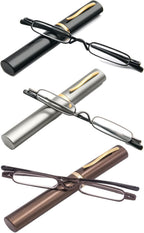 MMOWW Ultra Small Reading Glasses For Men Women Slim Pocket Readers with Pen Clip Metal Case Spring Hinge 3 Pairs (Black+Grey+Brown,+2.5)