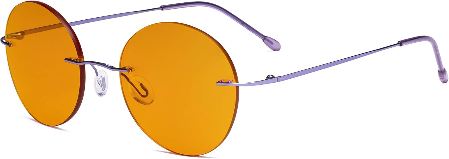 Eyekepper Frameless Blue Light Blocking Glasses with Orange Tinted Lens for Sleeping - Round Rimless Computer Reading Glasses Men Women Purple +1.25