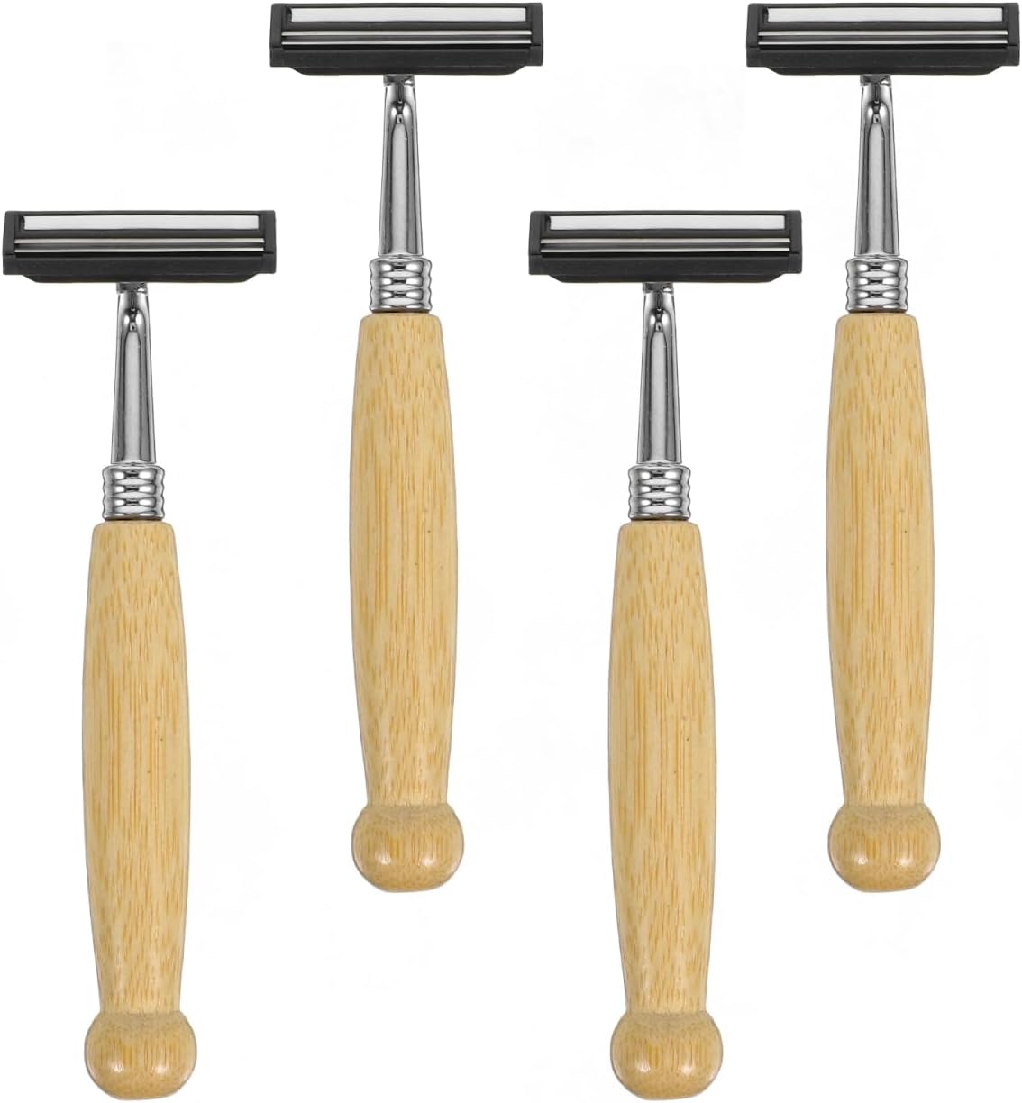 4Pcs Bamboo Single Blade Razors Double Edge Safety Razor Eco-Friendly Handmade Long Natural Bamboo Handle Stainless Steel Safety Shaving Men's Shaving Kit