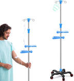 Medical Iv Pole with Wheels, Stainless Steel Adjustable 43.3" to 78.7" Height, Iv Stand with 4 Hook, 5 Caster Base, Tray & Hanging Net for Hospital, Home Infusion Practice and Therapy(Blue,Stylish)