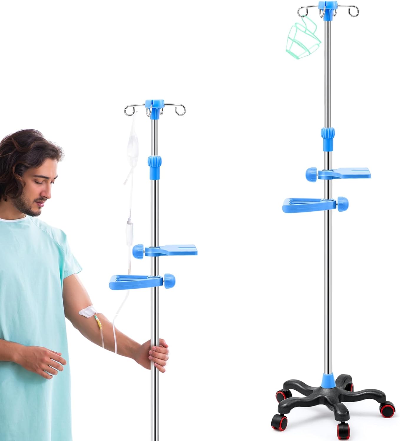 Medical Iv Pole with Wheels, Stainless Steel Adjustable 43.3" to 78.7" Height, Iv Stand with 4 Hook, 5 Caster Base, Tray & Hanging Net for Hospital, Home Infusion Practice and Therapy(Blue,Stylish)