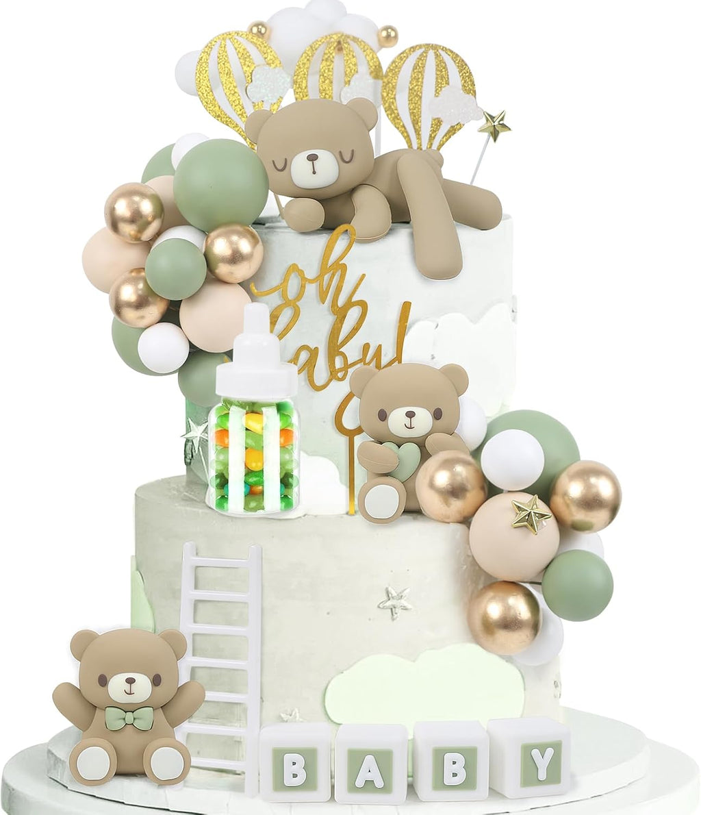 44 PCS Green Bear Cake Toppers - Mini 3D Bear BABY Letters Milk Bottle Green Gold Foam Balls Cake Toppers for Boy Girl Birthday Party Baby Shower Cake Decorations