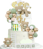44 PCS Green Bear Cake Toppers - Mini 3D Bear BABY Letters Milk Bottle Green Gold Foam Balls Cake Toppers for Boy Girl Birthday Party Baby Shower Cake Decorations