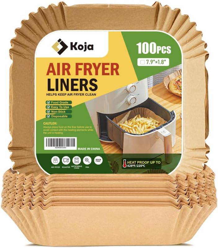 Koja 100 Pcs Disposable Parchment Air Fryer Liners, Non-Stick Greaseproof Paper, 6.5 Inch Square Baking Paper Liners for Air Fryer, Microwave, Oven, Steamer, Easy Clean, Heat Resistant Cooking