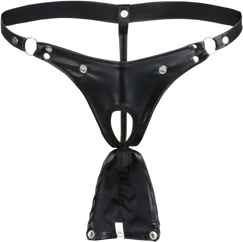 iEFiEL Men's Black Leather Bikini G-String Thong Lingerie with Buckle Pouch Buckled Black X-Large(Waist:29.0-35.5")