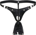 iEFiEL Men's Black Leather Bikini G-String Thong Lingerie with Buckle Pouch Buckled Black X-Large(Waist:29.0-35.5")