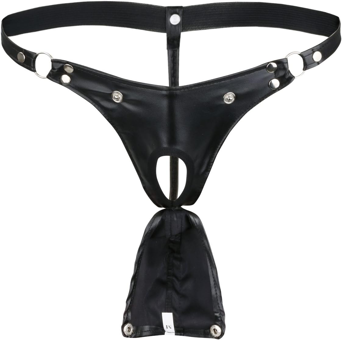 iEFiEL Men's Black Leather Bikini G-String Thong Lingerie with Buckle Pouch Buckled Black X-Large(Waist:29.0-35.5")