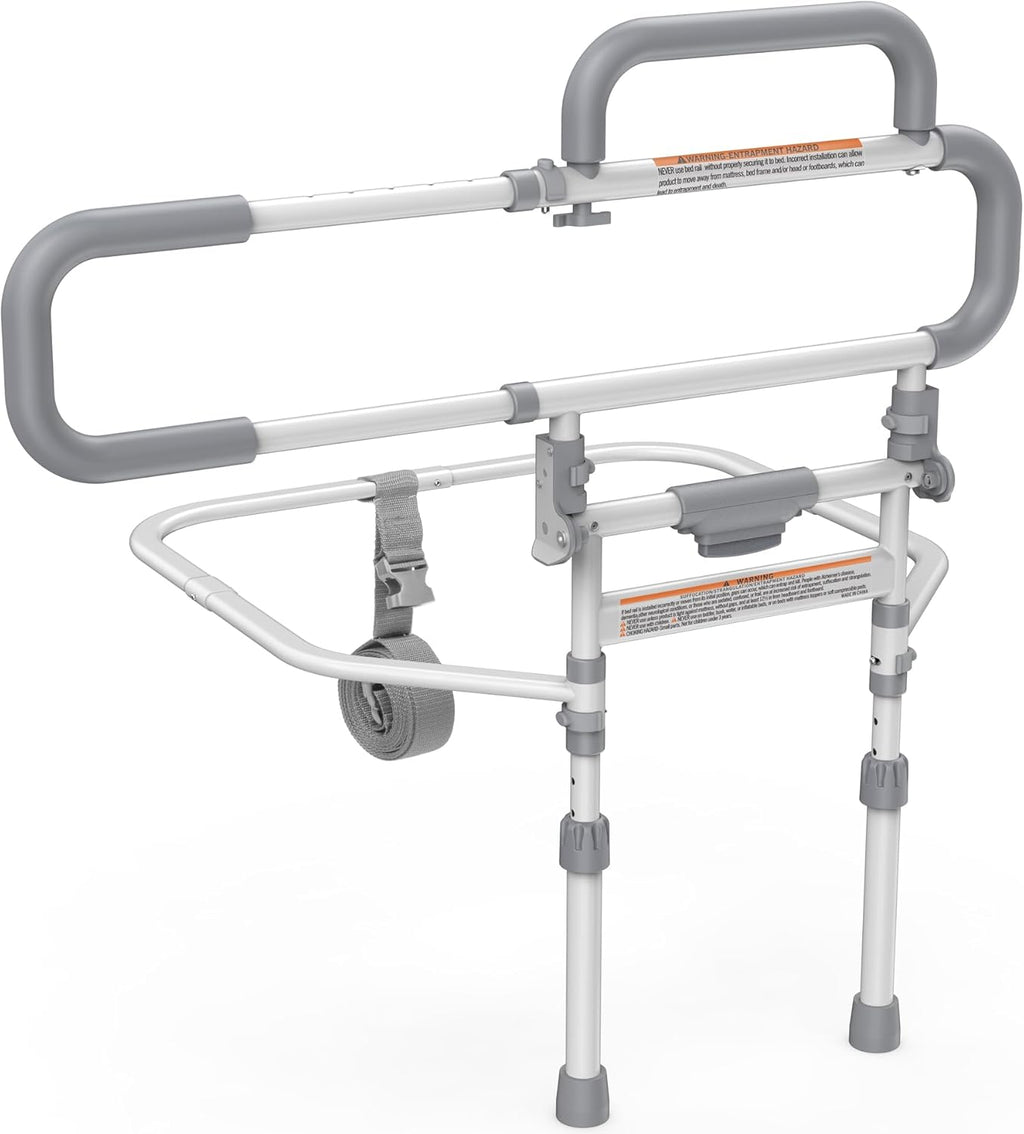 Heavy Duty Bed Rails for Elderly Adults Safety-Foldable Bed Rail for Senior with Adjustable Heights Fits All Bed Sizes，Bed Handle Bedside Assist with Pocket -504M (White and Gray)