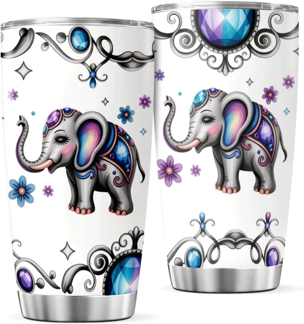 Cute Colorful Elephant With Floral Jewel Design Stainless Steel Tumbler For Lovers Women Gifts 20 Oz Heat Insulated Tea Hot Bottle Iced Coffee Outdoor Drink Travel Cool