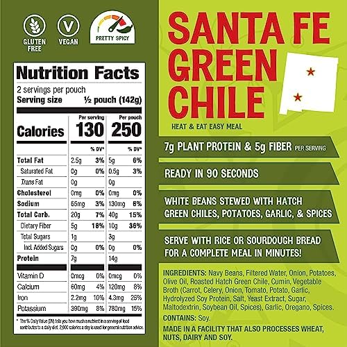The Good Bean Heat and Eat Pouch - Variety Pack - (Pack of 4) 10 oz Pouch - Mexican Smoky Chipotle, Low-Carb Classic Chili, Santa Fe Green Chile, and Indian Coconut Curry