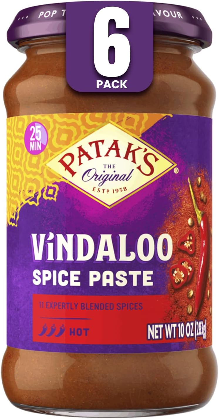 Patak's Vindaloo Spice Paste, Hot Indian Curry with 11 Expertly Blended Spices, Gluten-Free & Vegan, Flavorful Base for Chicken, Seafood, Vegetables & More, 10 oz Jar, 6-Pack