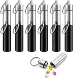 12 Pieces Aluminium Pill Box Keyring, Portable Waterproof Pill Organizer with Keychain Medicine Bottle Container for Outdoor Camping Travel Black Silver