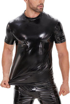 Men Shiny Leather T-Shirt, Wetlook, Short Sleeve, Glossy Latex Coat for Male