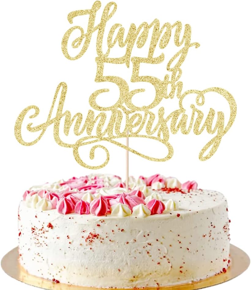 golden Glitter Happy 55th Anniversary Cake Topper - for Wedding Anniversary/Company Anniversary Party / 55th Birthday Party Decorations