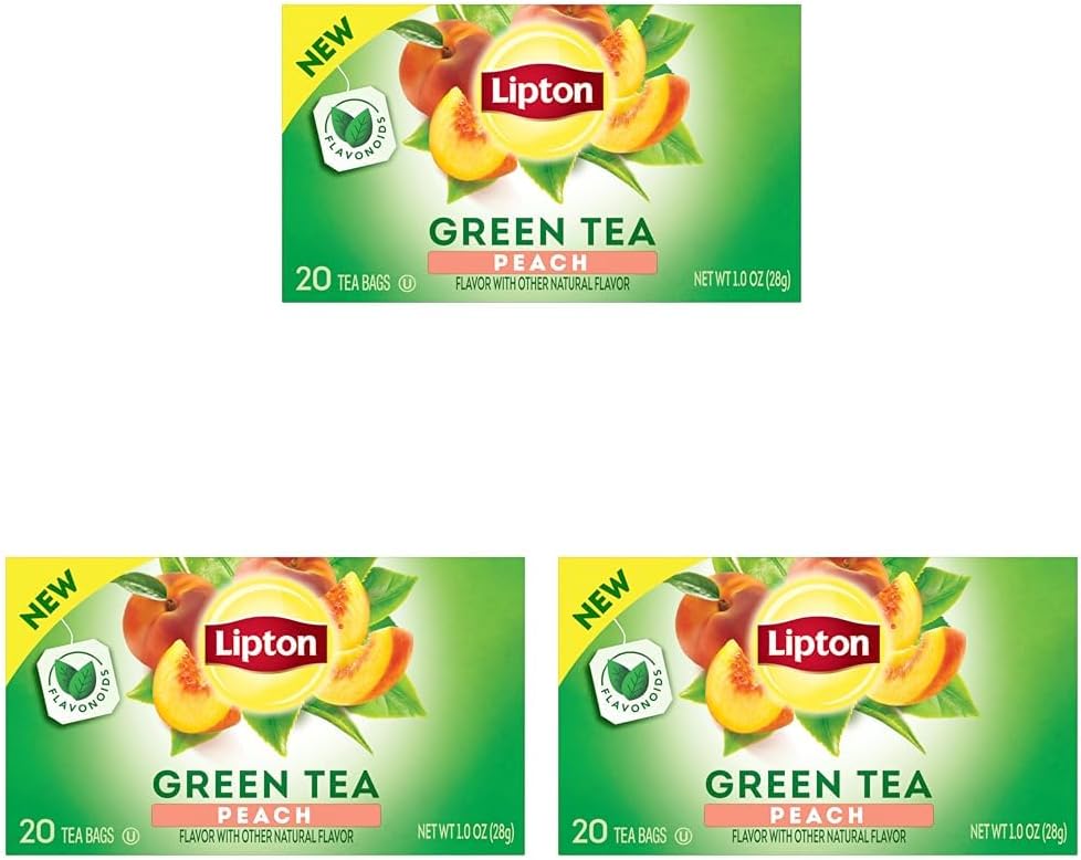 Lipton Green Tea Bags, Peach | 20 Tea Bags | Pack of 3 | With Caffeine | With Flavonoids