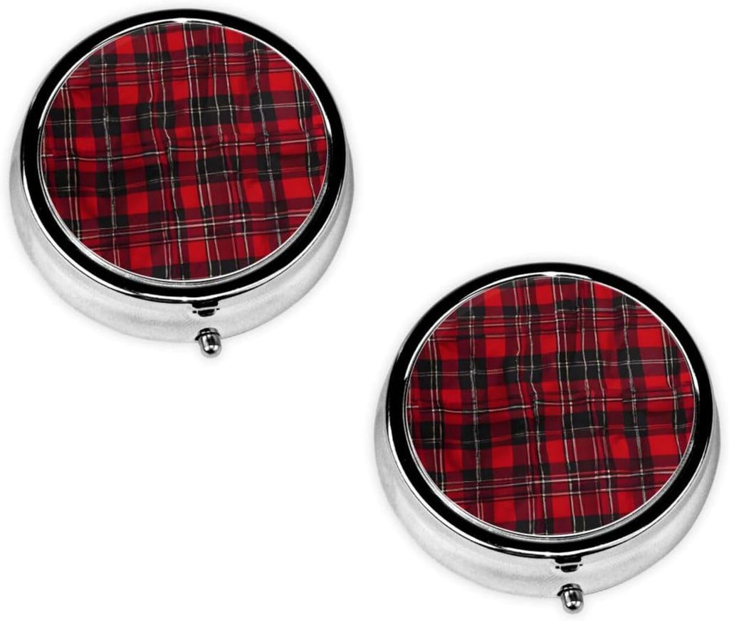 (Plaid Red and Black) Round Pill Box,3 Compartment Pill Box Mini Decorative Pocket Purse Portable Travel Medicine Tablet Vitamin Holder Organizer Pill Case