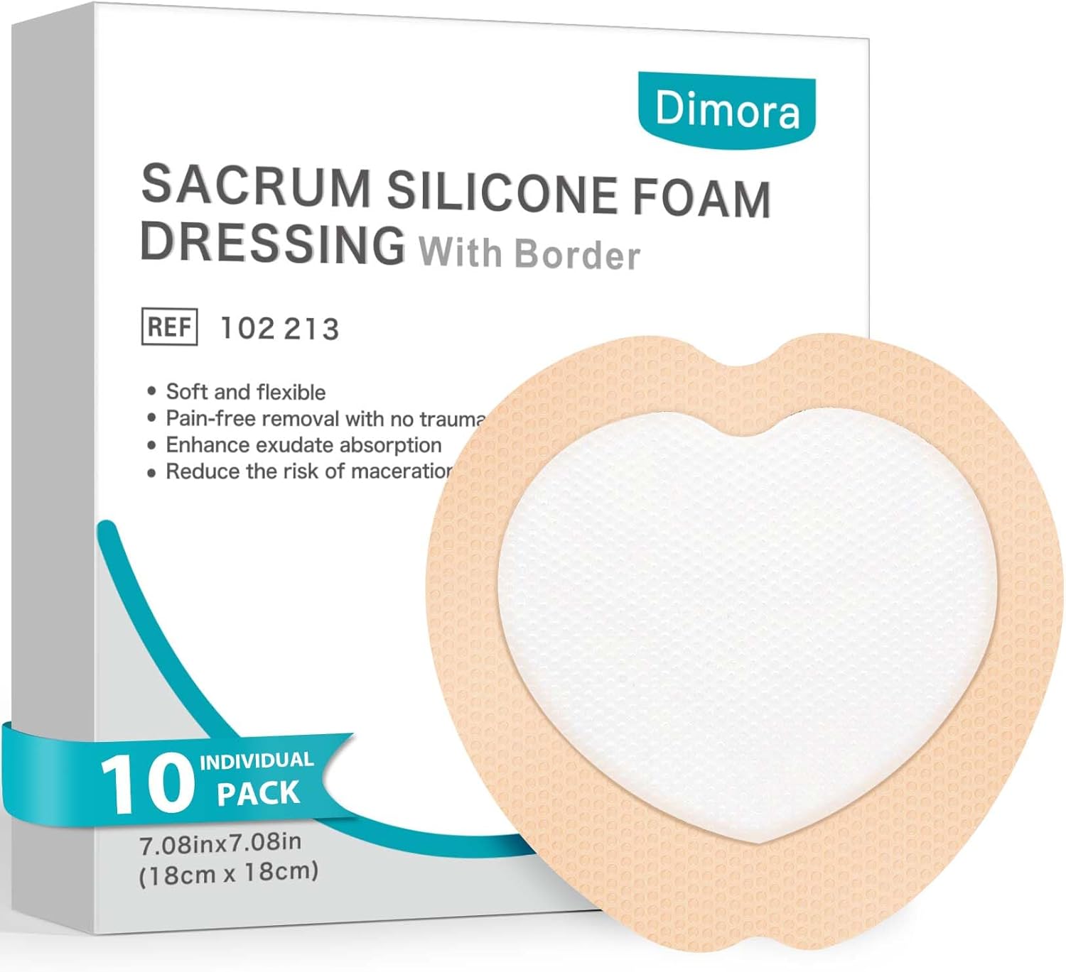 Dimora 10 Pack Wound Dressing Sacrum Foam Bandages Silicone Adhesive Border 7"x7" Waterproof Sacral Pads Absorbent Breathable Bed Sore Pressure Dressing