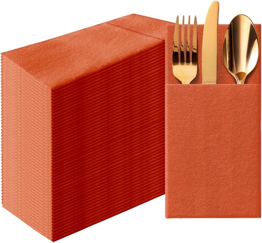 PAW - Terracotta Linen Feel Napkins with Built-in Flatware Pocket, Airlaid Paper Pre-Folded Napkins for Silverware, Wedding Party, Dinner, Birthday, Gatherings, 50 Count