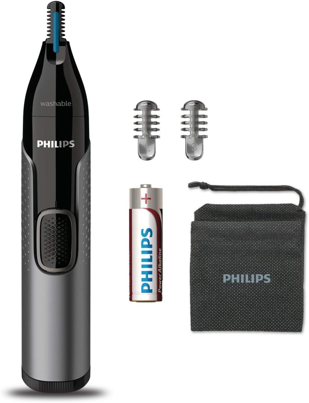 Philips Nose Trimmer Nt3650/16, Nose, Ear & Eyebrow Trimmer with Protective Guard System, Fully Washable, Including AA Battery, 2 Eyebrow Combs, Pouch (Gray)