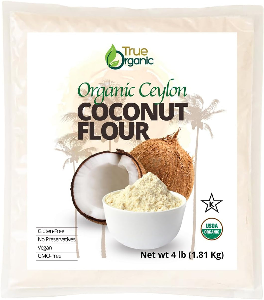 True Organic Ceylon Coconut Flour, 4 Pound / 64 Oz Bulk Bag, Certified Organic, USDA & Kosher Certified, Non-GMO, Organic Ceylon Coconut Flour for Baking Keto, Pure Ceylon Premium Quality