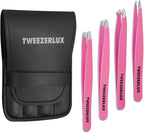 Tweezers Set - Professional Stainless Steel Tweezers for Eyebrows - Great Precision for Facial Hair, Splinter and Ingrown Hair Removal (PINK)