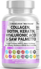 Clean Nutraceuticals Collagen Pills 1000mg Biotin 10000mcg Keratin Saw Palmetto Hyaluronic Acid - Hair Skin & Nails Vitamins & DHT Blocker with Vitamin E Folic Acid Pumpkin Seed MSM - 90 Count