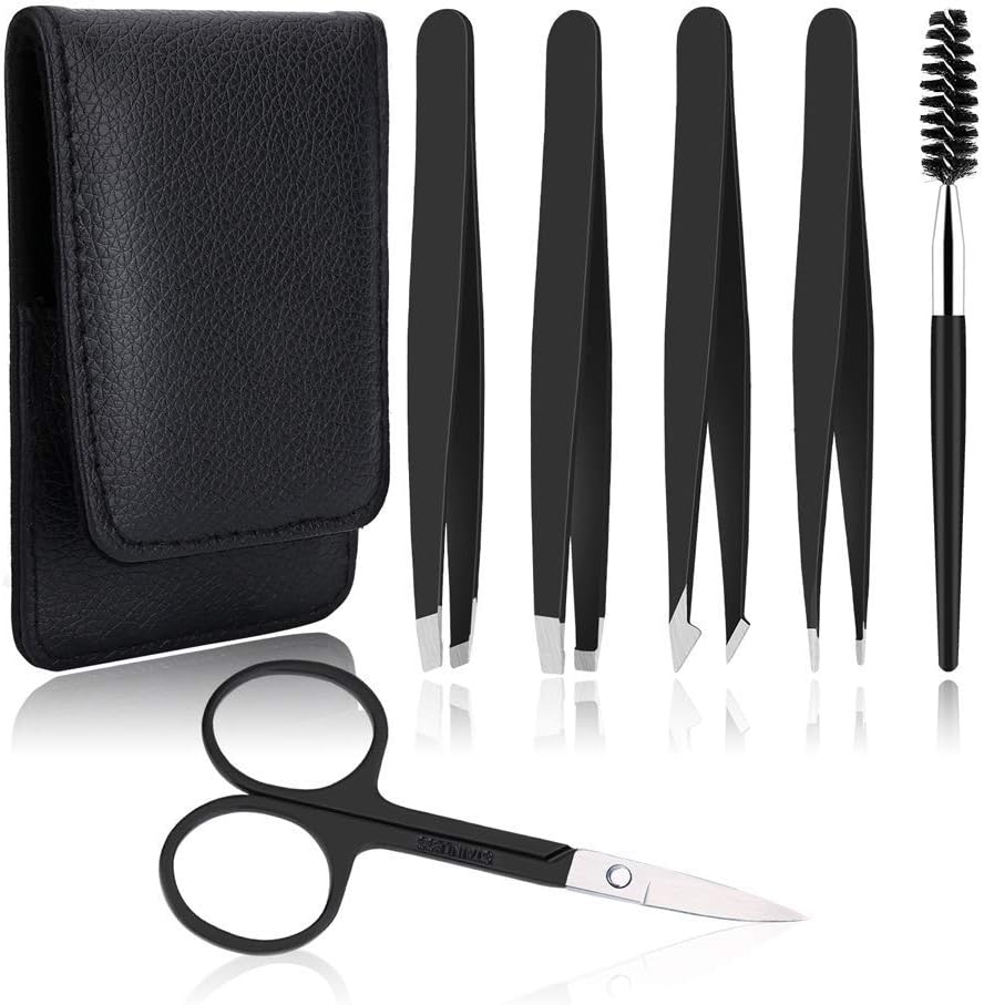 UUBAAR 6 PCS Professional Tweezers Set - Stainless Steel Precision Tweezer Kit for Eyebrows, Facial Hair, Ingrown Hair & Splinter Removal with Travel Case (Black)