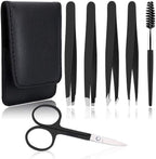 UUBAAR 6 PCS Professional Tweezers Set - Stainless Steel Precision Tweezer Kit for Eyebrows, Facial Hair, Ingrown Hair & Splinter Removal with Travel Case (Black)