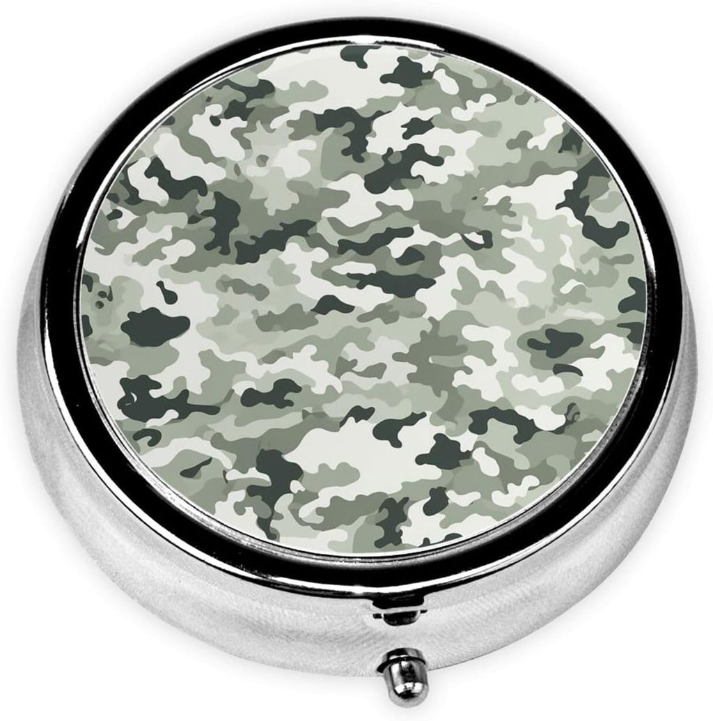 Portable 3-Compartment Pill Box – Round Daily Medicine Organizer for Pocket or Purse, White Camouflage Ideal for Morning, Noon & Evening Doses
