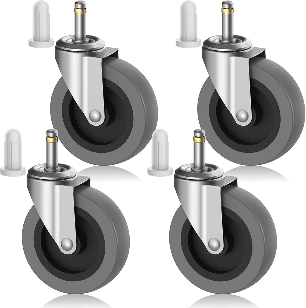 4 Inch Swivel Stem Caster Wheels, 7/16-Inch Stem Diameter Rubber Castors, Heavy Duty TPR Replacement Wheels for Utility Carts Rubbermaid Mop Bucket Shop Vac Weber Grills - 4 Pack