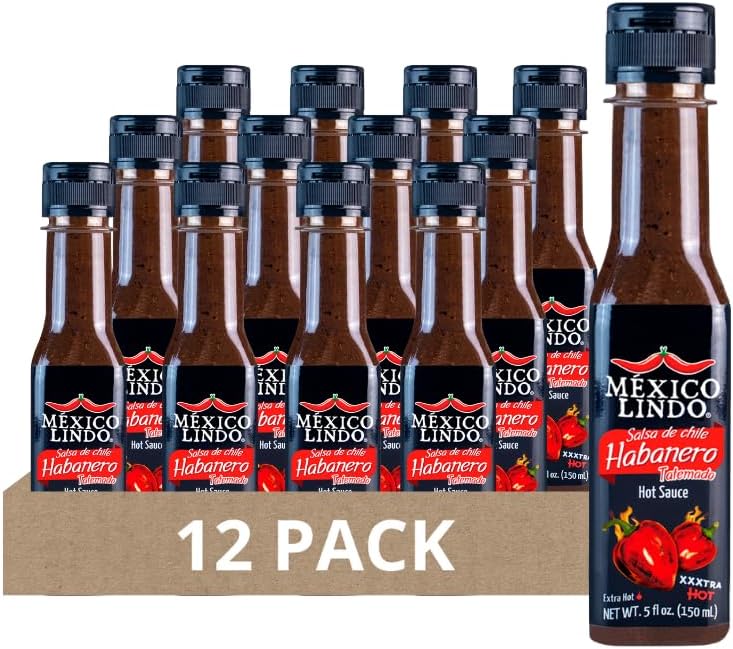 Mexico Lindo Habanero Hot Sauce Xxxtra Hot | 83,200 Scoville Level | Mix of Habanero, Tatemados & Spices | Perfect for Quesadillas, Soups & Nachos | 5 Fl Oz Bottles (Pack of 12)