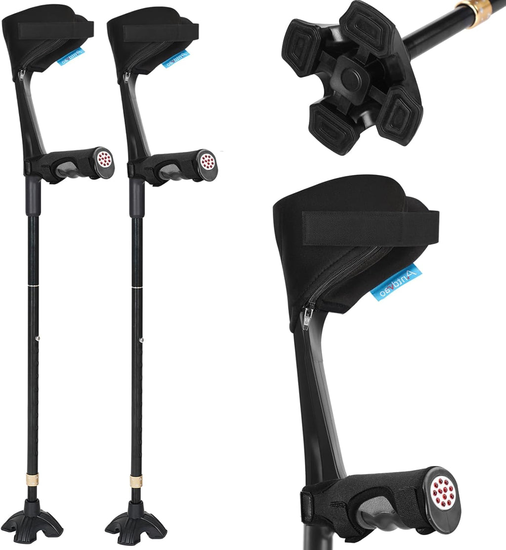 Crutches for Adults, Crutches for Walking, Have Adjustable Forearm Crutch Pads, Folding Forearm Crutches, with Four Corner Base Prevent Slipping , Suitable for Old People, Lame People (Black)
