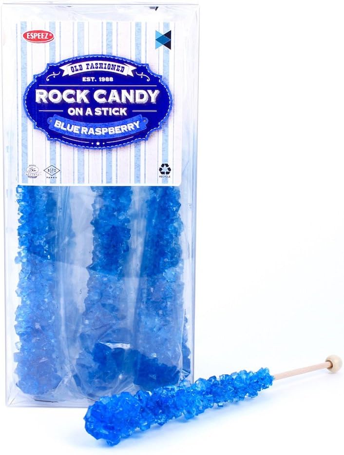 Extra Large Rock Candy Sticks: 12 Blue Rock Candy Sticks - Blue Raspberry - Individually Wrapped for Weddings, Bridal Showers, Candy Buffet, Party Favors, Old Fashioned Espeez Bulk Candy on a Stick