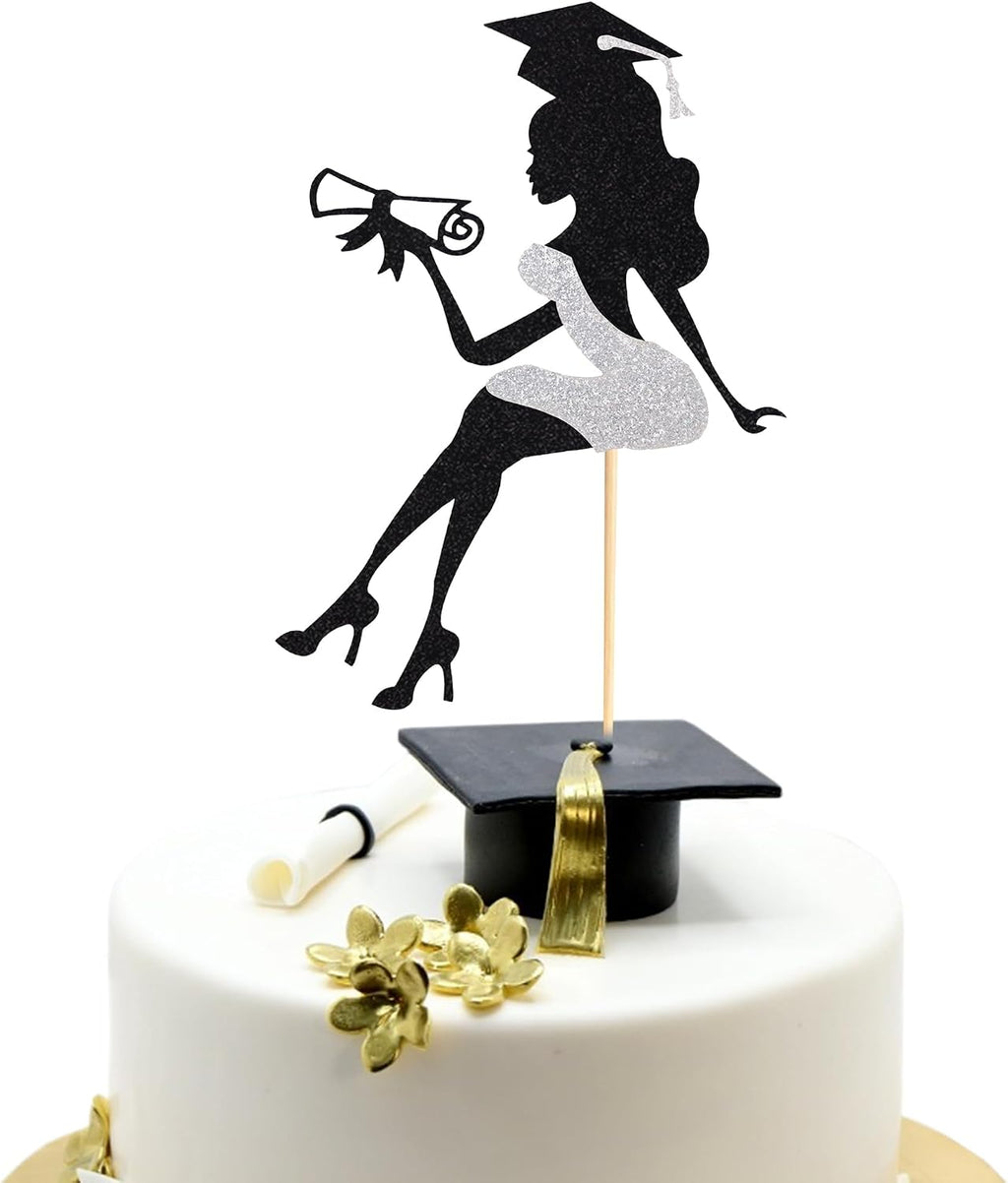 Arthsdite 1Pc High Heel Girl Graduation Cake Topper with Grad Cap Diploma 2026 Graduation Cake Pick 2026 Senior Graduation Cake Decorations for 2026 Girl Graduation Party Supplies - Silver Glitter