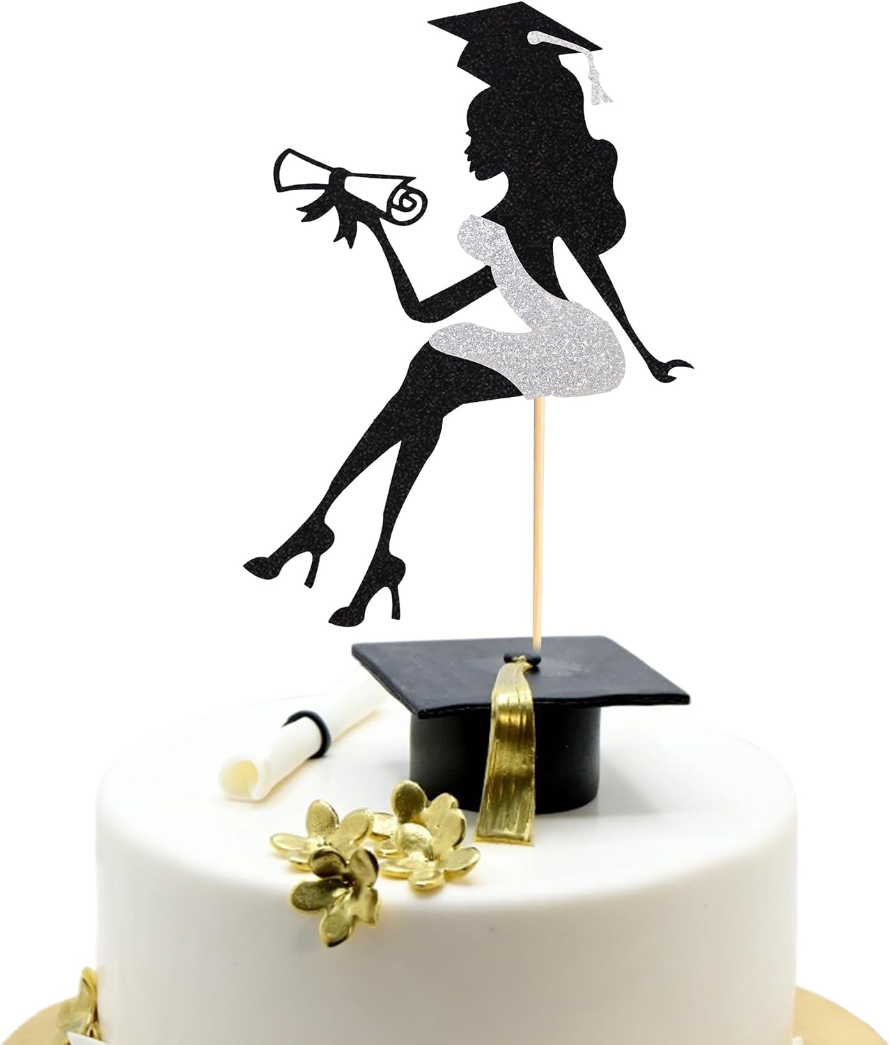 Arthsdite 1Pc High Heel Girl Graduation Cake Topper with Grad Cap Diploma 2026 Graduation Cake Pick 2026 Senior Graduation Cake Decorations for 2026 Girl Graduation Party Supplies - Silver Glitter