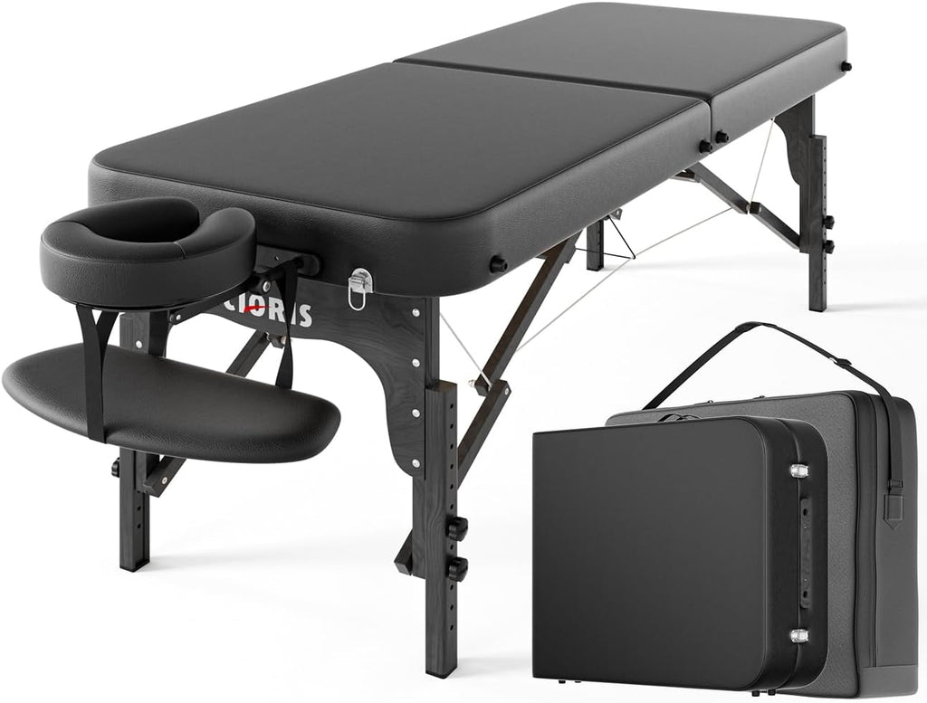 CLORIS 84" Professional Massage Table Portable Reinforced Wooden Leg 2 Folding Lightweight Spa Salon Tattoo Massage Bed Height Adjustable Hold Up to 1100LBS with Carrying Bag Black