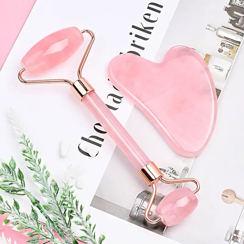 Rose Quartz Gua Sha & Jade Roller Set - Facial Massage Tools for Lymphatic Drainage, Face Sculpting & Puffiness Relief - Anti-Aging Skincare Duo for Women