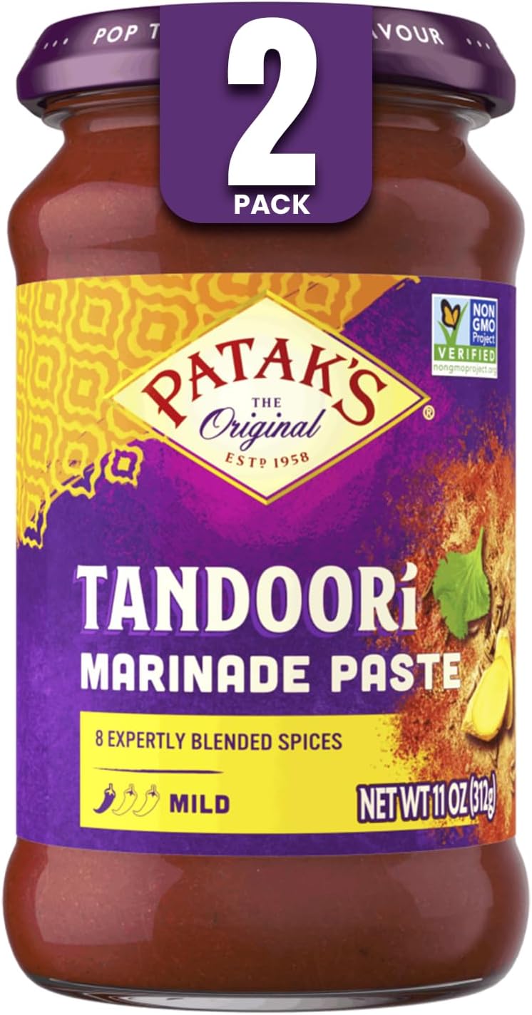 Patak’s Tandoori Marinade Paste - Mild Indian Tandoori Paste with 8 Expertly Blended Spices - Gluten-Free & Vegan - Flavorful Chicken Marinade for Grilling, Baking & BBQ Cooking - 11oz Jar (Pack of 2)