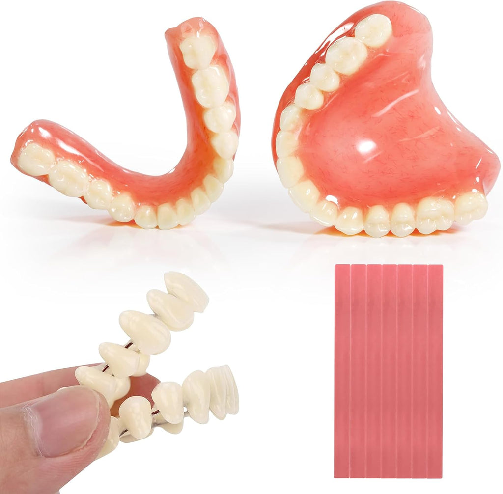 Full Set Fake Teeth Denture Kit - Top & Bottom Functional DIY Homemade Dentures | Do It Yourself Comfortable Missing Teeth Replacement,Natural Smile Kit-Red