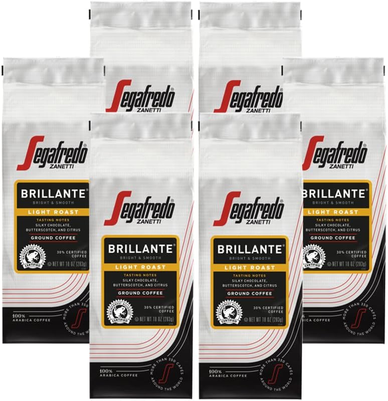 Segafredo Zanetti Ground Coffee – Made with Arabica Coffee – Light Roast, Smooth with Floral Notes – Blend of Colombian and Sumatran Arabicas – Bright, Medium-Bodied – Brillante, 10oz Bag, Pack of 6